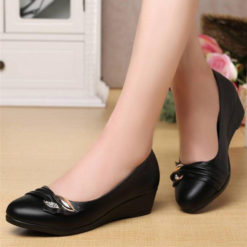 Women Fashion Sweet Black Comfort Spring Slip On Office Wedge Heel Shoes Lady Casual Hotel Work Beige Heel Shoes Ab622