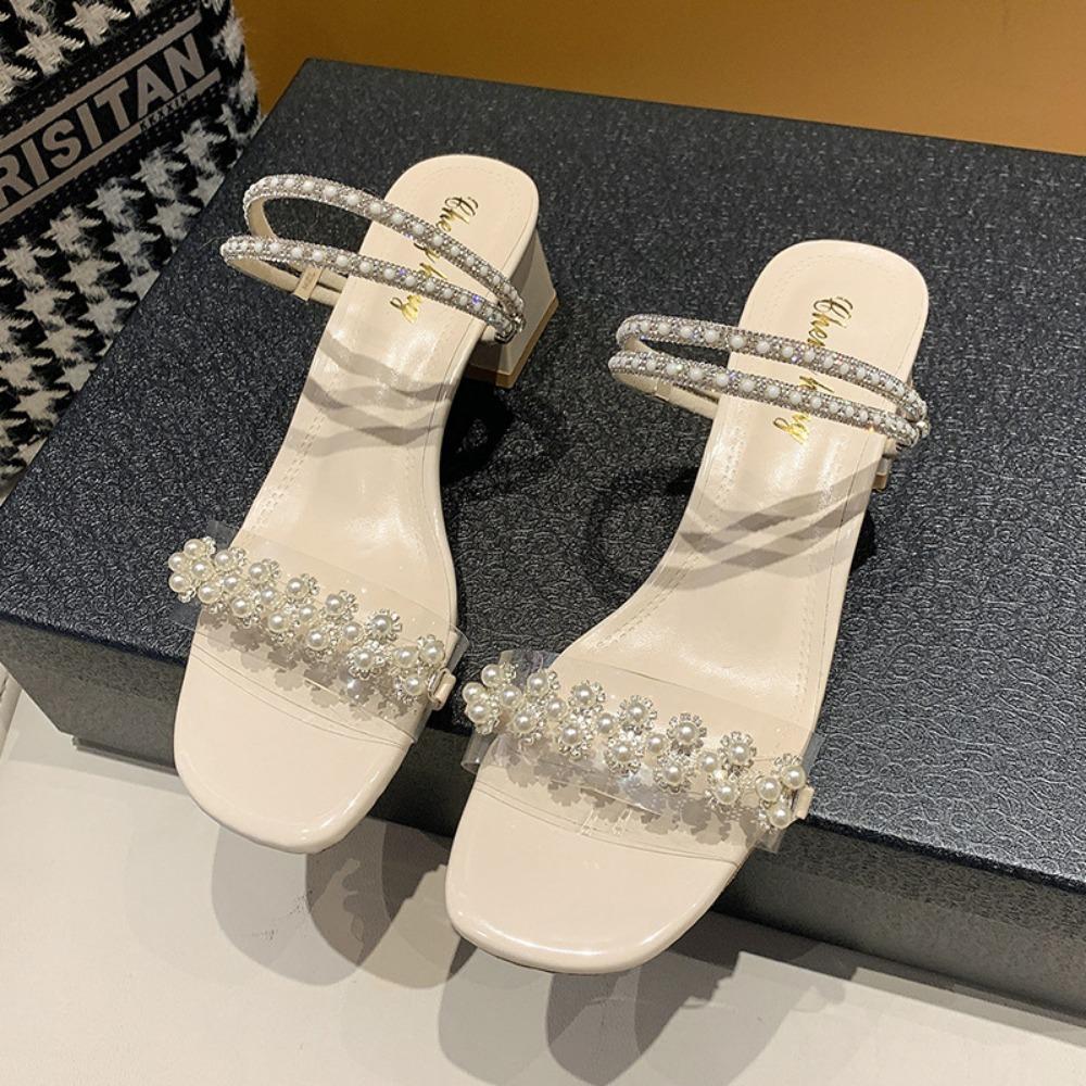 Crystal Pearl Two-Way Chunky Heel Sandals Summer Square Toe Low-Cut Women's Slippers High Heel Sandals