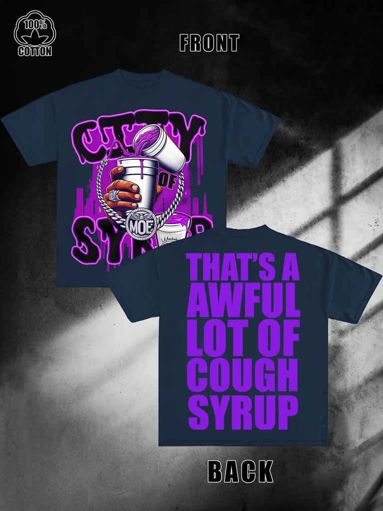 Men's Navy Blue Cotton Pattern T-Shirt "That's Terrible Cough Syrup" Printed Casual Crew Neck Short Sleeve T-Shirt Loose