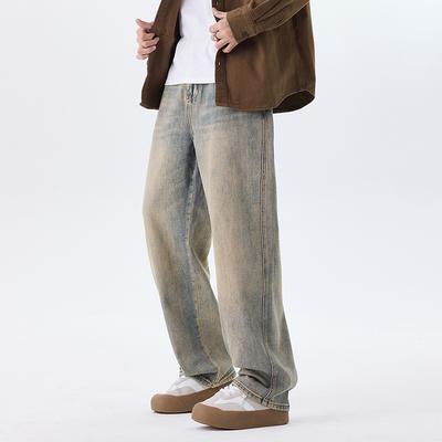 Новый американский стиль Персонализированный Желтый Краситель Грязи Ностальгический Хай-стрит Прямые Универсальные Свободные Джинсы в Пол