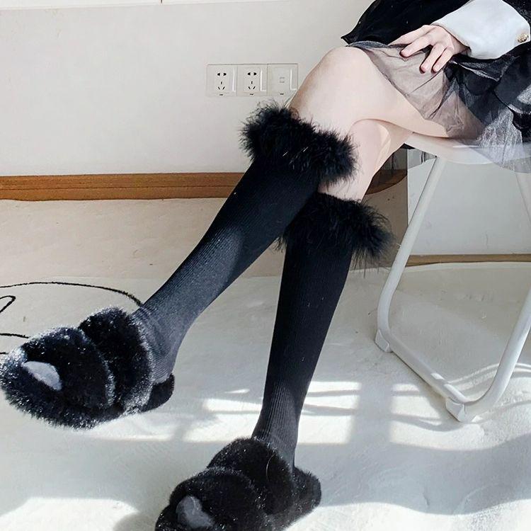 Japanese JK Fluffy Calf Socks, Women’s Thick Warm Mid-Calf, White Ruffle, Autumn/Winter Cotton Christmas Boot Socks.