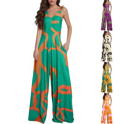 Женский европейский и американский принтованный комбинезон на шнуровке с V-образным вырезом и карманами, широкий комбинезон