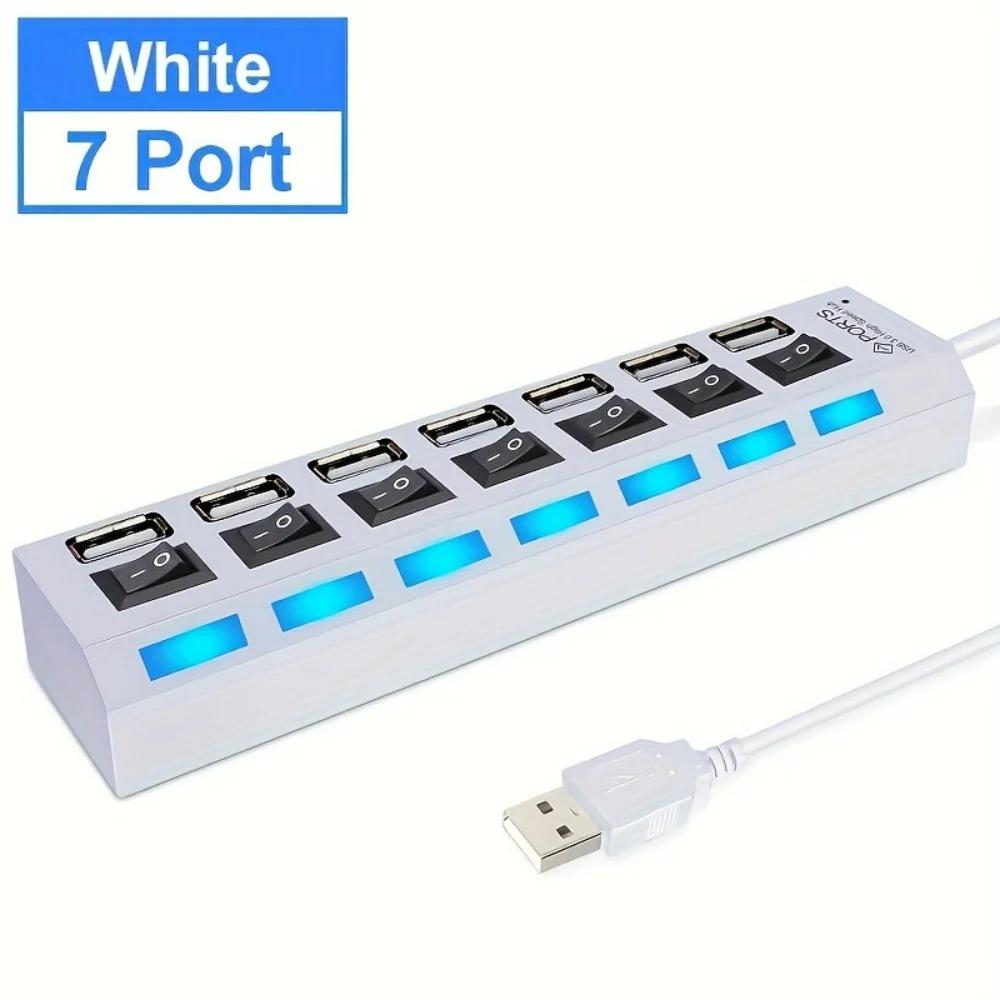 7 Ports USB 2.0 Hub LED 5Gbps High Speed Multiports USB Power Adapter Expander USB Splitter With Switch For Laptop Computer Home