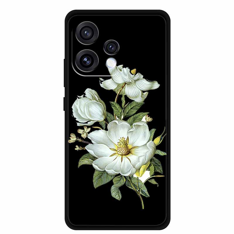 Чехол для Oppo Reno15 5G Цветочный Черный Силиконовый Мягкий Защитный Задний Чехол для Oppo Reno 15C 2025 Чехол для Телефона Coque Мультяшные Ракушки