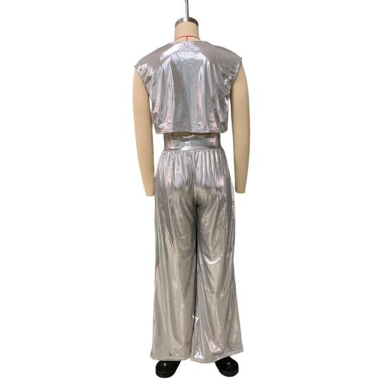 Женский глянцевый костюм из двух частей, укороченный топ без рукавов с круглым вырезом и широкими брюками, повседневный свободный комплект для отдыха