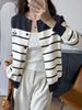 Women's Korean Color Block Striped Embroidered Knit Cardigan - Fall/Winter Crew Neck Sweater
