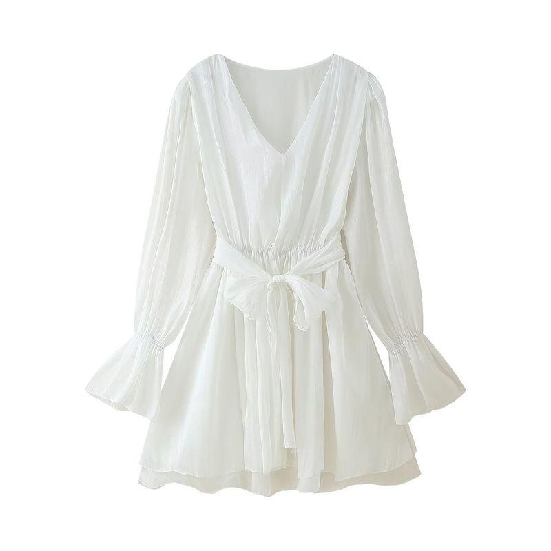 Kaslead New Women Clothes Western Style Simple V-neck Bell Sleeve Waist Hugging Ribbon Dress