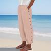 Women Casual  Stripe Print Side Button Up Trendy Pants Baggy Elastic Waist Straight Leg Comfort Trousers With Pocket