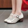 New Spring and Summer Thick Heel Breathable Single Shoes Women's First Layer Cowhide Hollow Hole Shoes Leather Shoes Mother Shoes
