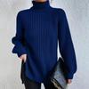 Autumn/Winter Soft Knitwear Fashion Raglan Long Sleeve Turtleneck Split Sweater Casual Warm Solid Mid-length Pullover 29572