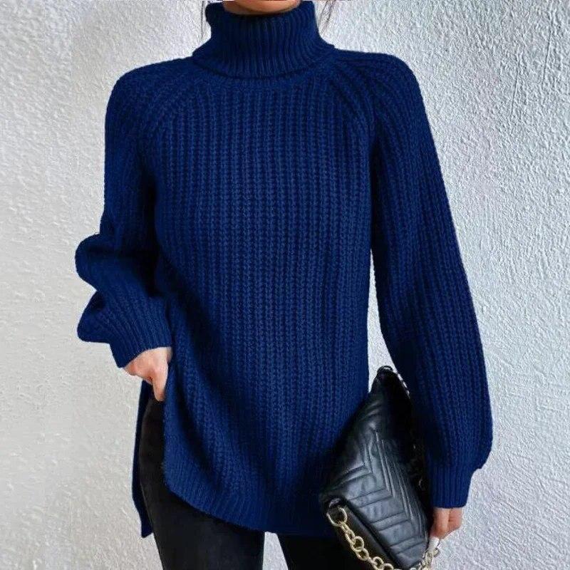 Autumn/Winter Soft Knitwear Fashion Raglan Long Sleeve Turtleneck Split Sweater Casual Warm Solid Mid-length Pullover 29572