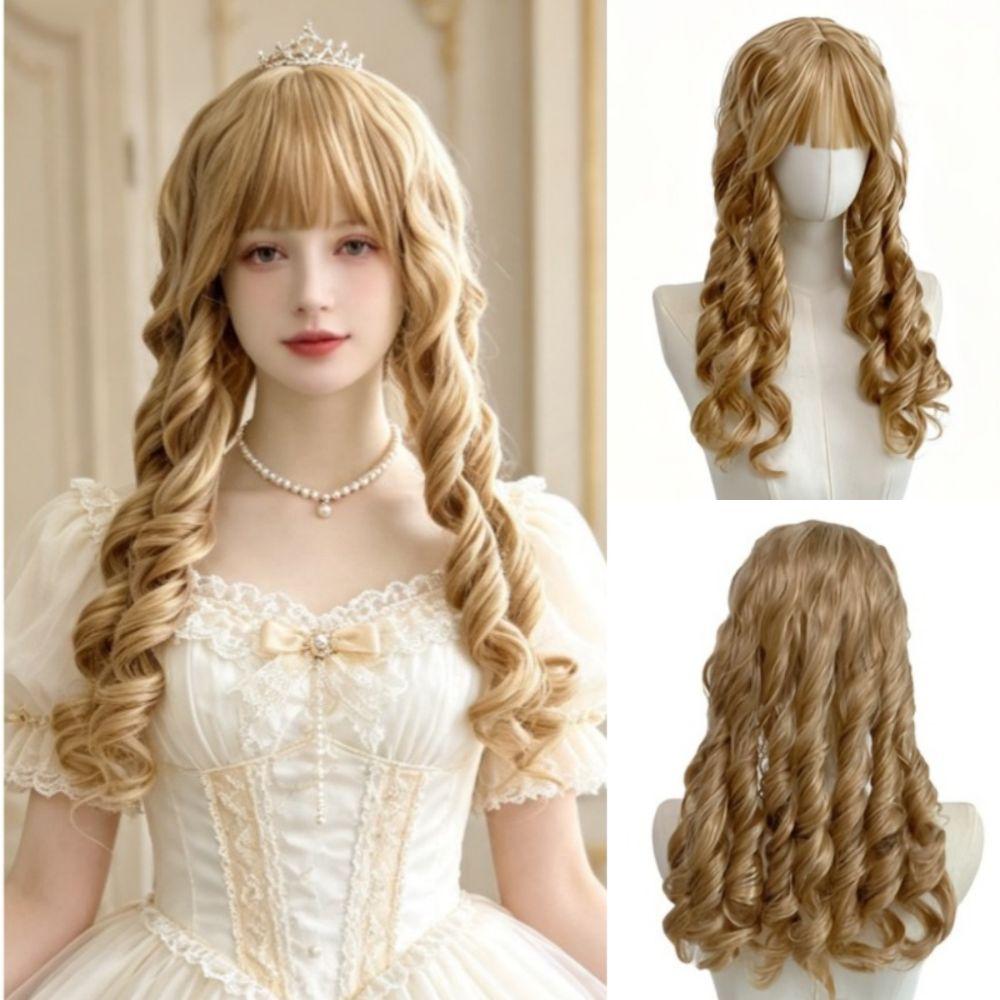 Golden Halloween Lolita Costume Wig with Straight Bangs Long Wavy Cosplay Wig Holiday Party