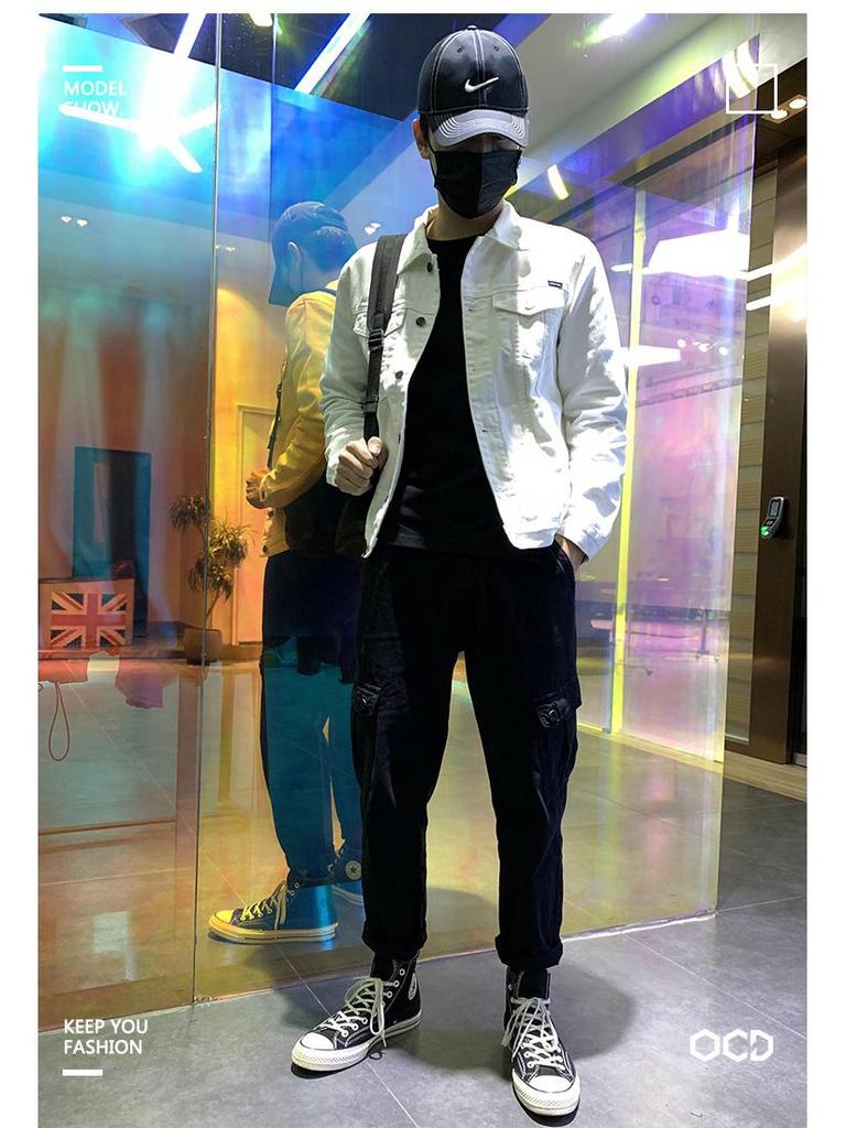 Мужская белая джинсовая куртка приталенного кроя - Повседневная рабочая одежда в корейском стиле