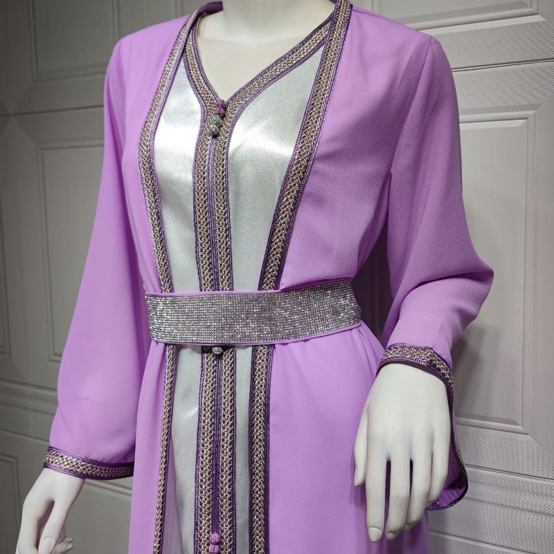 Женский шифон с V-образным вырезом, облегающий комплект из двух предметов, мусульманское платье, халат Dubai, многоцветный