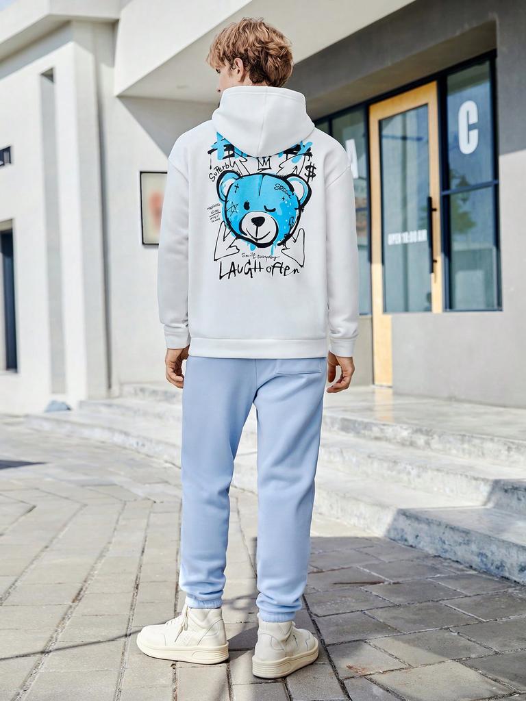 Blue Happy Bear Slogan Hoodies For Male Creative Casual Hoody Sport Cartoons Sweatshirts Pocket  All-Match Mens Pullovers