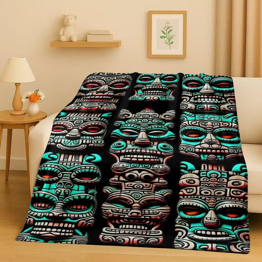 Retro Aztec Totem Maya Mask Sun God Flannel Blanket,Ultra Soft Warm Plush Throw for Home Bedroom Bed Sofa Cover Office Gift Kids