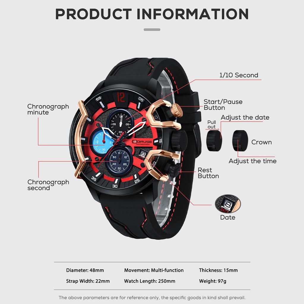 BORUSE Fashion Men's Watch Pointer Quartz Men's Watch Large Dial Men's Watch Calendar Men's Watch Silicone Strap Watch for Men