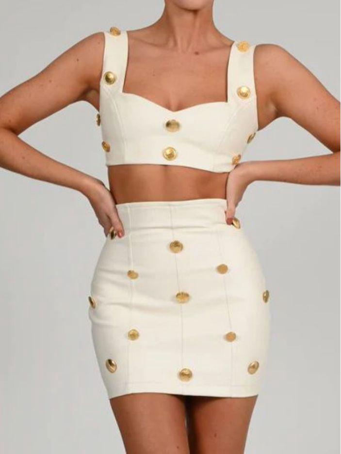 Европейская и американская женская мода высокого класса: Сексуальный топ на бретельках и юбка на бедрах из двух частей костюма