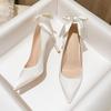 Белые шелковые туфли с бантом на высоком каблуке для невесты, женские элегантные атласные туфли-лодочки на шпильке, женские туфли с острым носком для вечеринки и свадьбы
