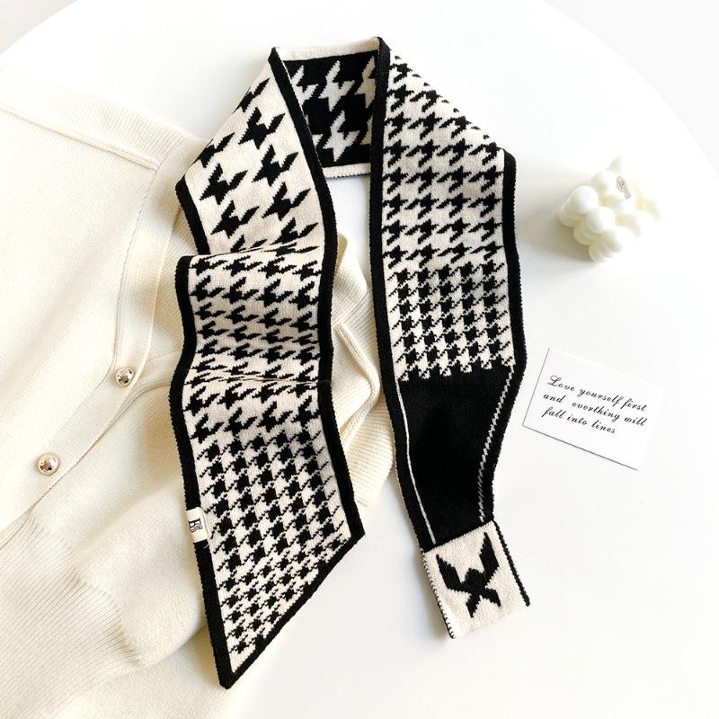 New Knitted Small Scarf Women's Wool Scarf Autumn and Winter Small Ears Letter Camellia Narrow Scarf