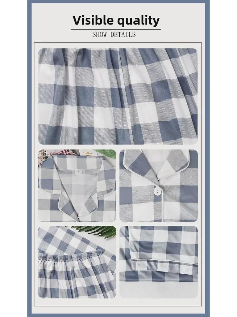 Женский клетчатый кардиган и пижамный комплект — длинные рукава, брюки, повседневный стиль для весны и осени.