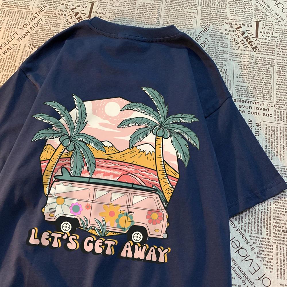 Давайте уедем, поедем на автобусе, поедем в отпуск, напечатанные мужские футболки Harajuku, дышащая футболка, летняя одежда, модная свободная футболка