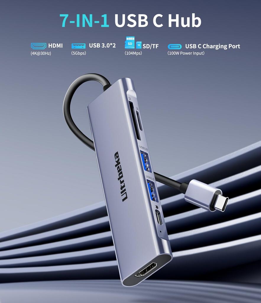 Адаптер-хаб USB C 100 Вт PD Зарядка 4K Кардридер Совместим с MacBook iPad iPhone Galaxy Surface Chromebook для поддержки 7-в-1, HDMI, MicroSD/SD