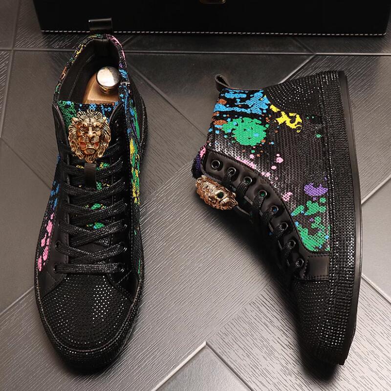 Модная европейская мода стразы пайетки мужские высокие новые сетевые красные туфли корейская версия дышащие высокие кеды