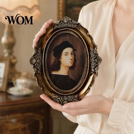 Matte Wood-like Frame Vintage Oval Picture with Embossed Design, Tabletop/Wall Mount Photo Retro for Home, Gallery Wall Decor Style