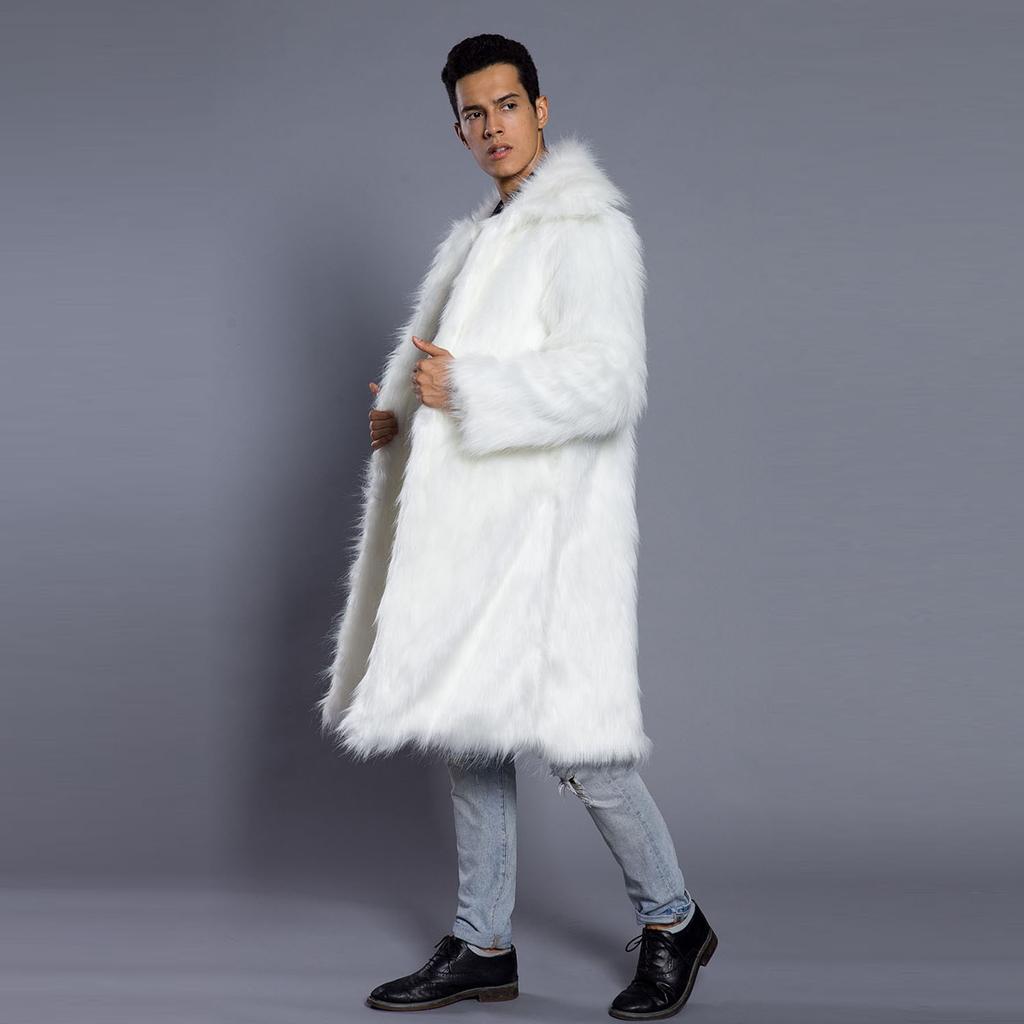 Men's Faux Animal Hair Long Coat Warm Overcoat Turn Down Collar Coat Cardigan Winter Fuzzy Fleece Jacket Open Front