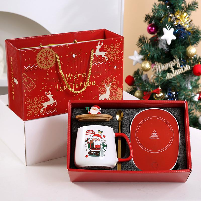 Christmas Gift Box 55 ℃ Thermostatic Cup with Lid Ceramic Cup with Spoon Coffee Cup Portable Meal for Office or Home Use