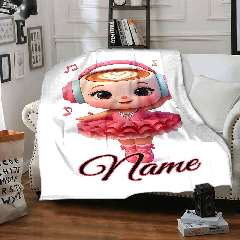 Dancing Ballerina With Headphones And Coffee Art Customize Your Name Cartoon Movie Pattern Blanket Chair Office Sofa Bed Camping Soft And Warm Give To