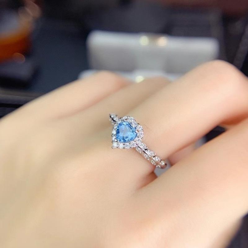 POMOiii Temperament Delicate Heart Blue Shaped Rings For Women Zircon Engagement Party Fine Jewelry Gift