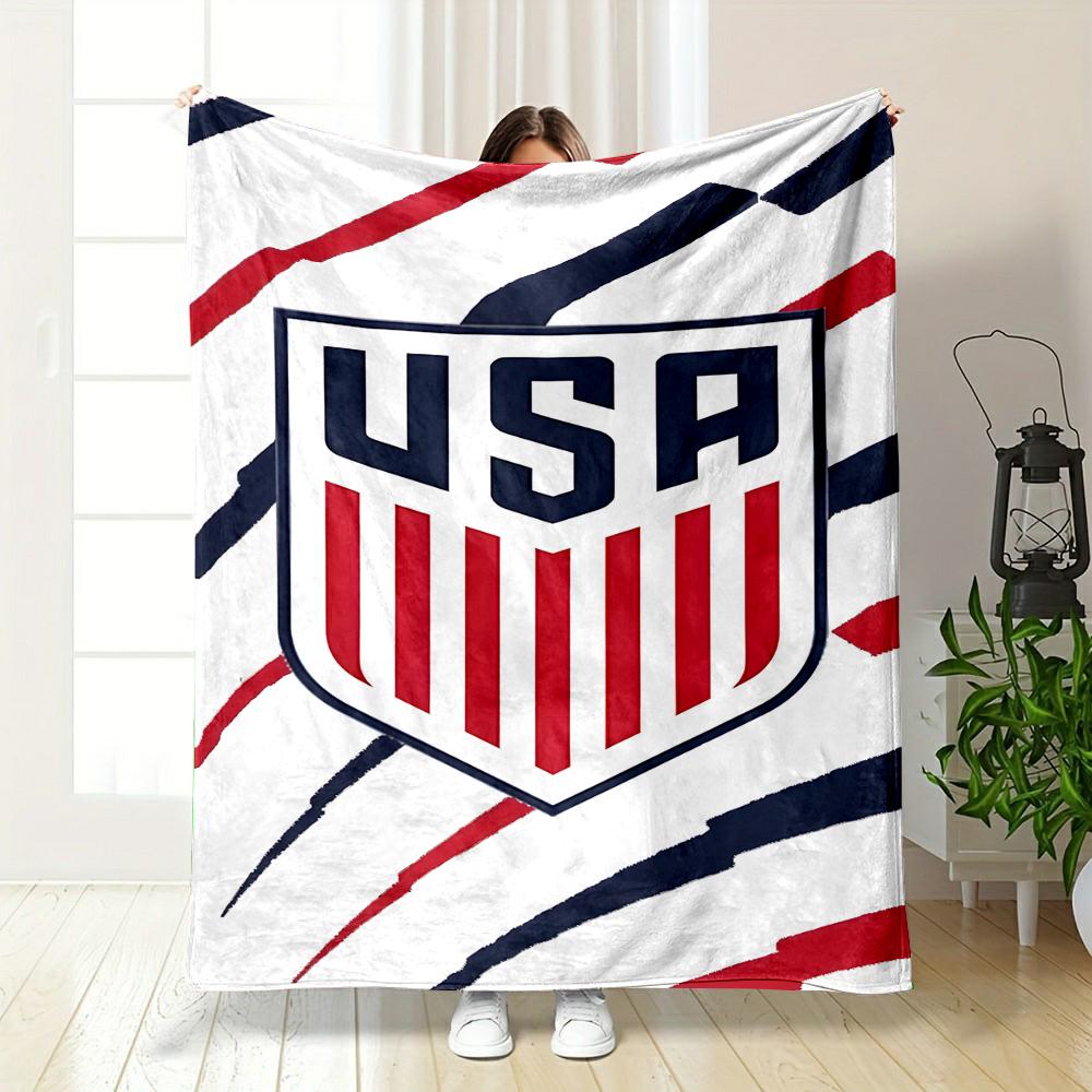 "USA Logo with Red and Blue Stripes" Patterned flannel blanket perfect for the bedroom living room, sofa, or a little nap