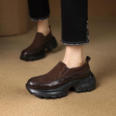 Платформенные лоферы-маффины из кожи в тон, весна 2025, новые туфли из маленькой кожи на высоком каблуке, женские туфли на толстом каблуке, ленивые одинарные туфли