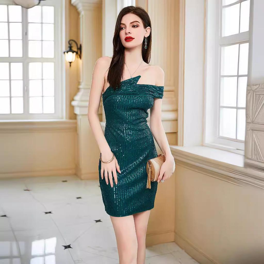 Весна и лето новая женская одежда сексуальное платье с рукавами на плечах юбка с пайетками до бедер юбка средней длины