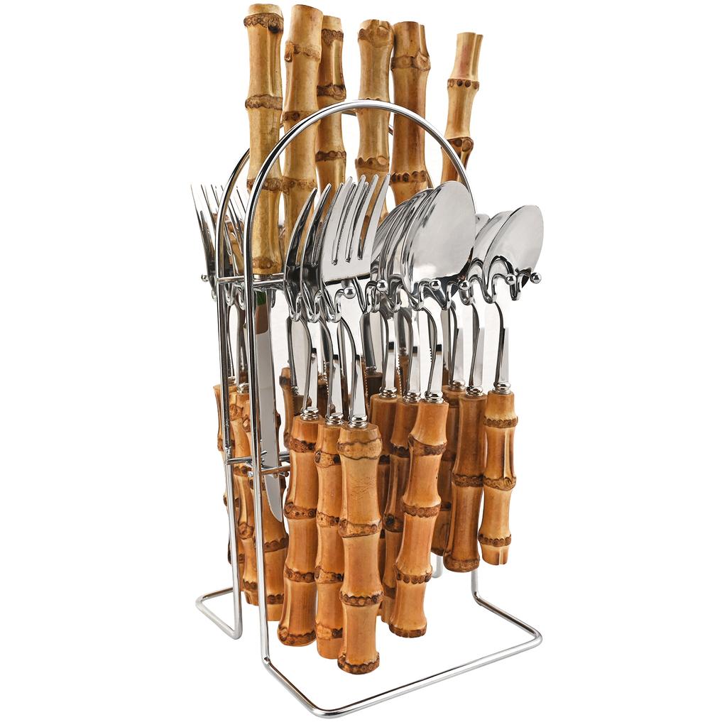 Роскошный набор столовых приборов из бамбука из 24 предметов - прочная серебристая посуда из нержавеющей стали с держателем для столовых приборов, зеркальная полировка