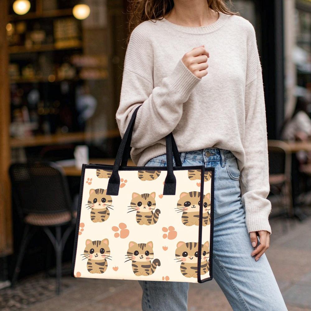 Cute Cat Printed Tote Bag Daily Use Portable Casual Handbag for Shopping Travel Outdoor