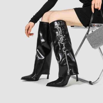 Ботинки-трубы Spice girl для подиума, женские, на высоком каблуке, модные, с боковой молнией и пряжкой-ремнем, облегающие ботинки-трубы до колена, тренд