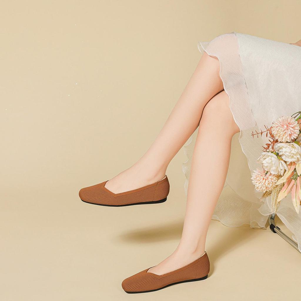 Квадратный носок, неглубокий вырез, ткань, плоская подошва, однотонный трикотаж, мягкая подошва, большой размер 34-43