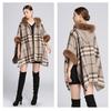 Зимняя женская накидка, шаль с меховым воротником, свободный клетчатый кардиган с капюшоном, большой размер, твидовый жакет с семиточечными рукавами