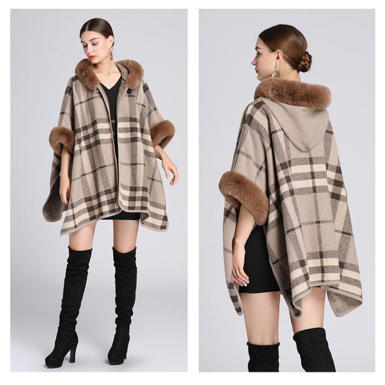 Зимняя женская накидка, шаль с меховым воротником, свободный клетчатый кардиган с капюшоном, большой размер, твидовый жакет с семиточечными рукавами