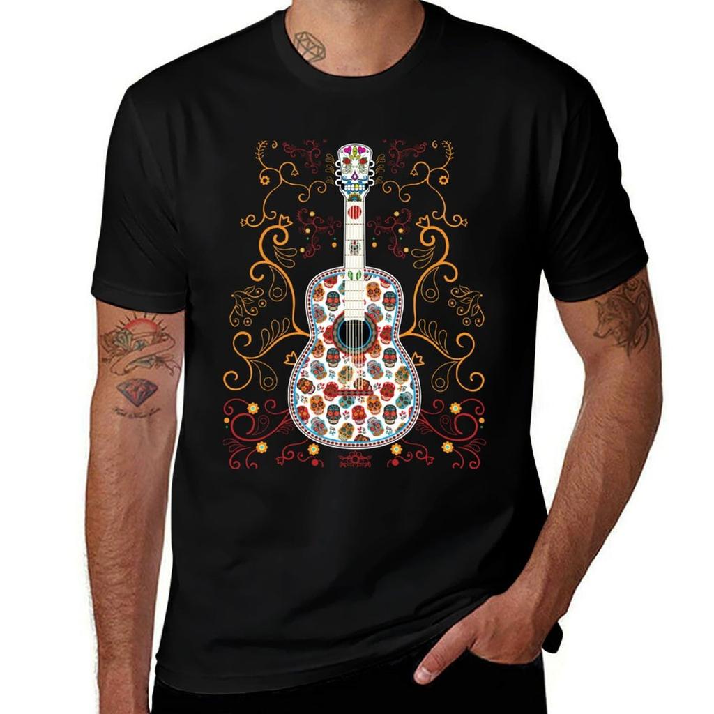 Дизайн Футболки с рисунком Сахарный Череп Гитара Красивая цветная гитара с узором из сахарных черепов