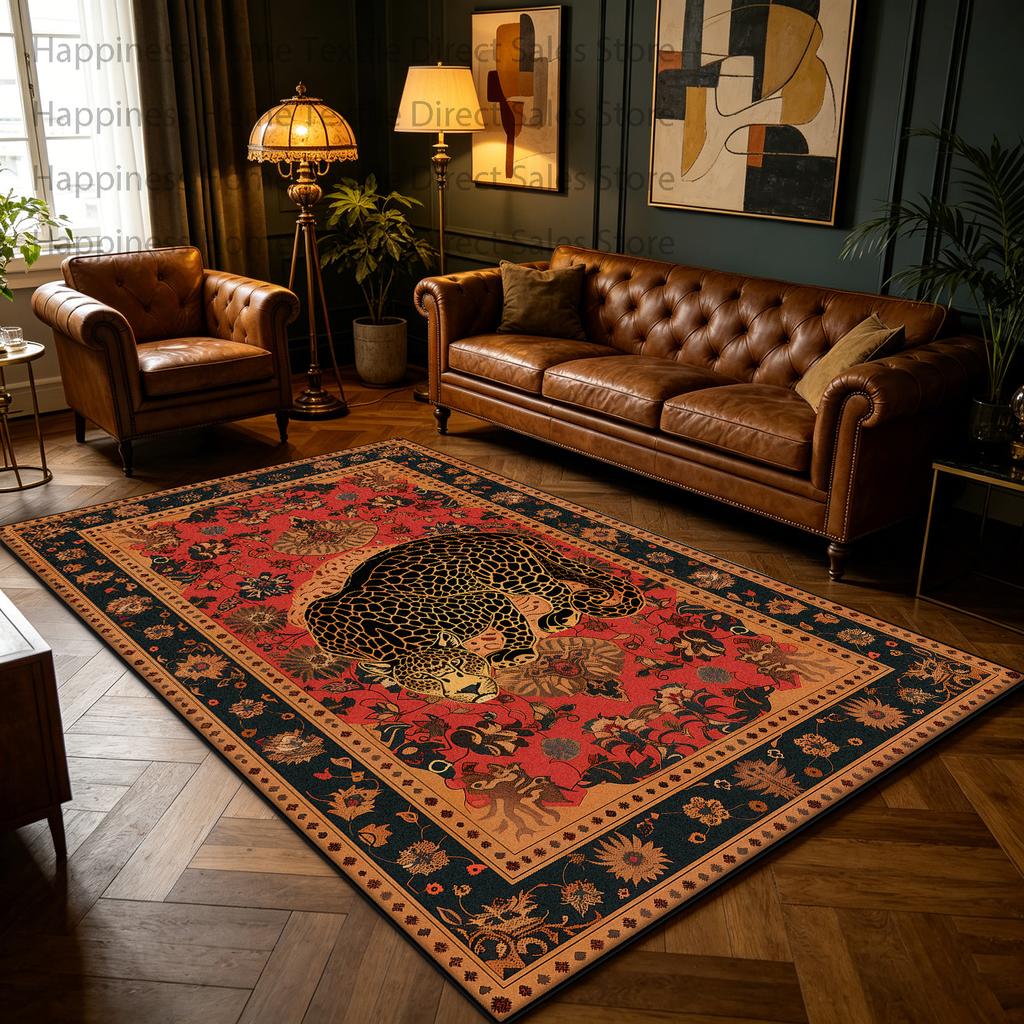 Red Retro Leopard Print Living Room Luxury Carpet Decoration Bedroom Antiskid Washable Oriental Rug Soft Fluffy Office Table Mat