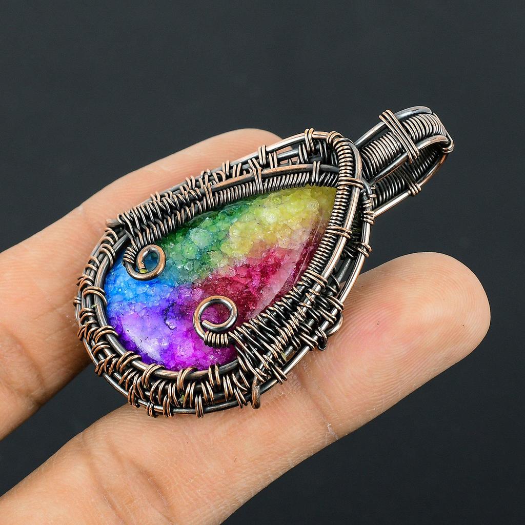 Rainbow Solar Quartz 999 Copper Wire Wrapped Pendant, Handmade Gemstone Pendant Jewelry, Gifts For Wife Brand New Pendant