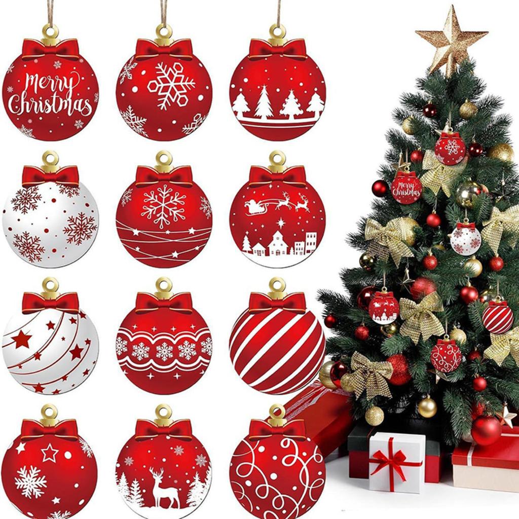 12pcs Wooden Christmas Ball Pendant Christmas Gift Decoration Christmas Tree Hanging Home Room Decor Outdoor Accessories for Holiday Decorating Use