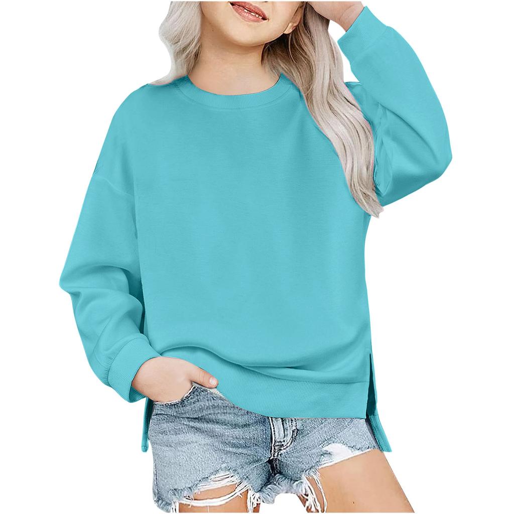 Children's Oversized Pullover Sweatshirt Girls' Round Neck Split-Front Solid Color Hoodie