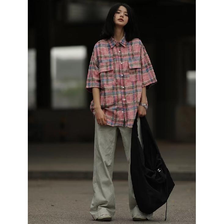 Клетчатая ретро-рубашка, мужская летняя одежда, стиль Гонконга, студенческий свободный и нишевый дизайн, забавный новый мужской топ для ношения на открытом воздухе