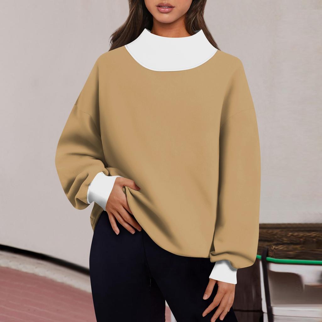 Женская мода с длинным рукавом и цветными блоками, свободная водолазка с разрезом и половиной водолазки, топ