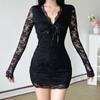 Women's Dark Sexy Wind Lace Bow V-neck Long-sleeved Imperial Sister Waisted Hip Thin Temperament Short Dresses